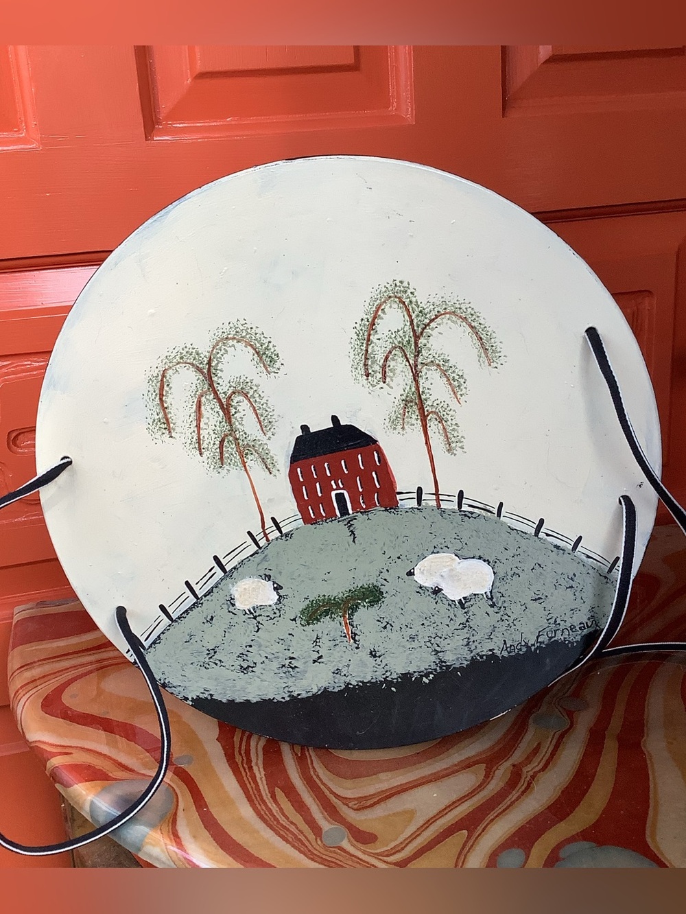 Vintage Harvey Round Wicker Sewing Basket Andy Furneaux? Painted Folk Art Scene